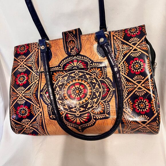 Shantiniketan Leather Indian Shoulder/Tote-Exclusive Batik Design Ethnic-Tan/Blu - Picture 6 of 16